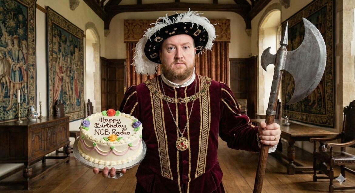 Henry VIII with a birthday cake and an axe - for this was the day he had his wife beheaded. (Picture: Gemini AI)