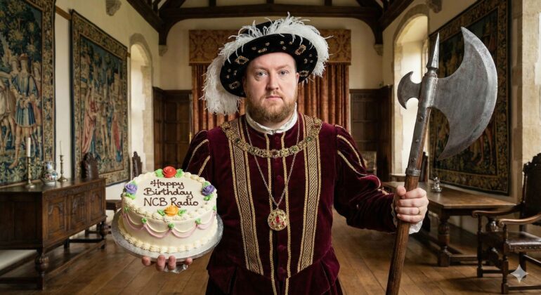 Henry VIII with a birthday cake and an axe - for this was the day he had his wife beheaded. (Picture: Gemini AI)